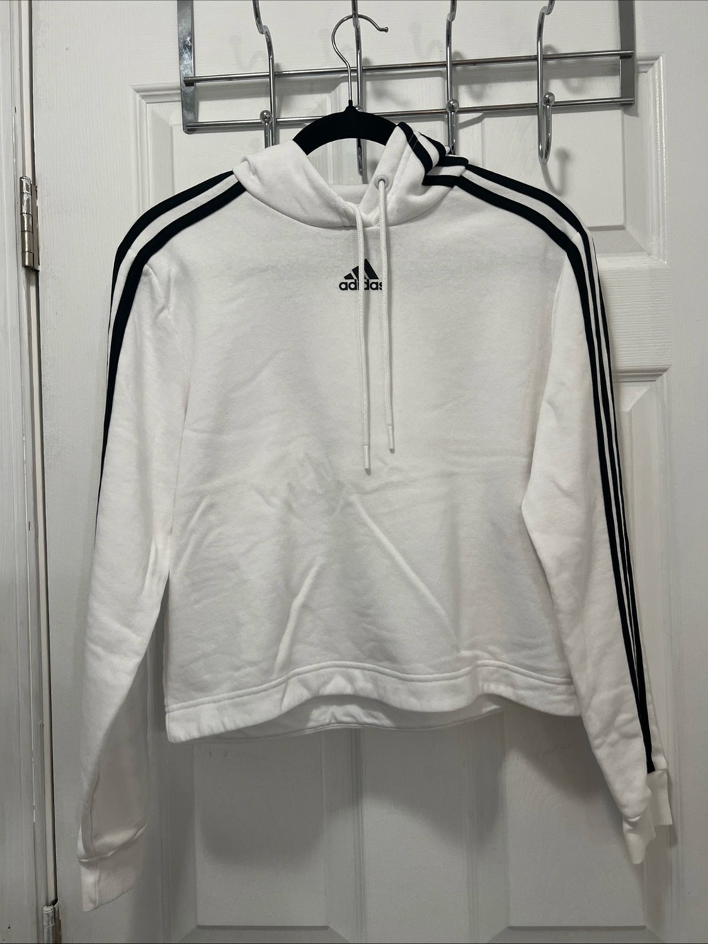 Adidas White Hoodie Three Black Stripes Sportswear cropped sweatshirt Sz S
